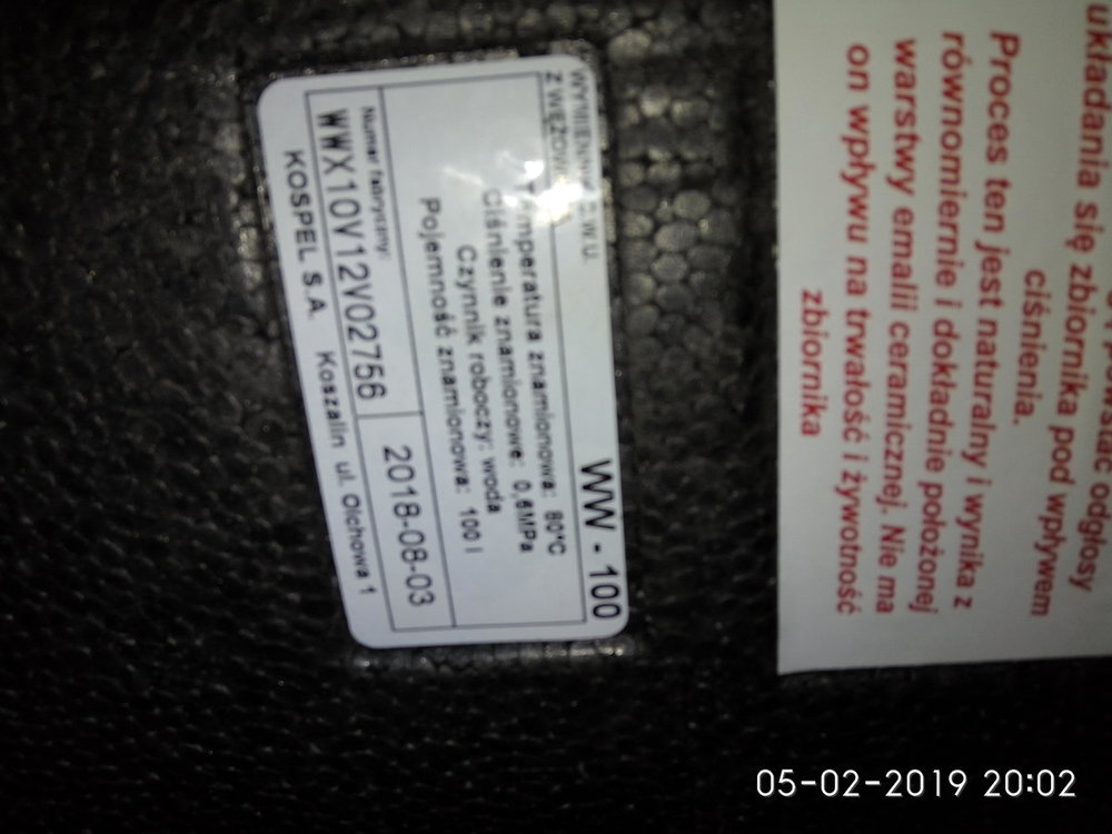 Tabliczka znamionowa bojlera Kospel100.jpg